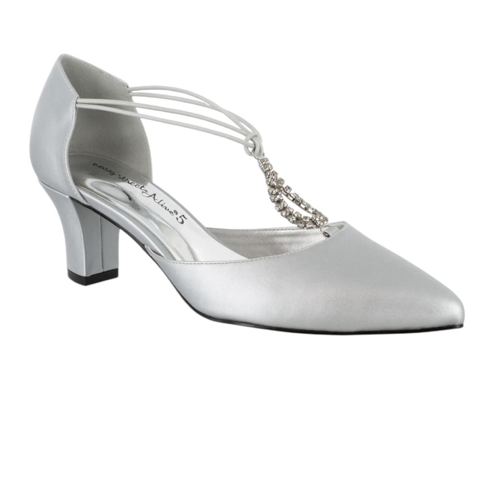 NIB Easy Street Silver Moonlight Satin Heels T-Strap Design Women’s Size 9 W